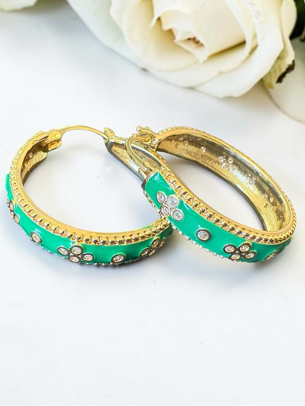 Gold-Tone Green Enamel Hoop Earrings with Crystal Accents